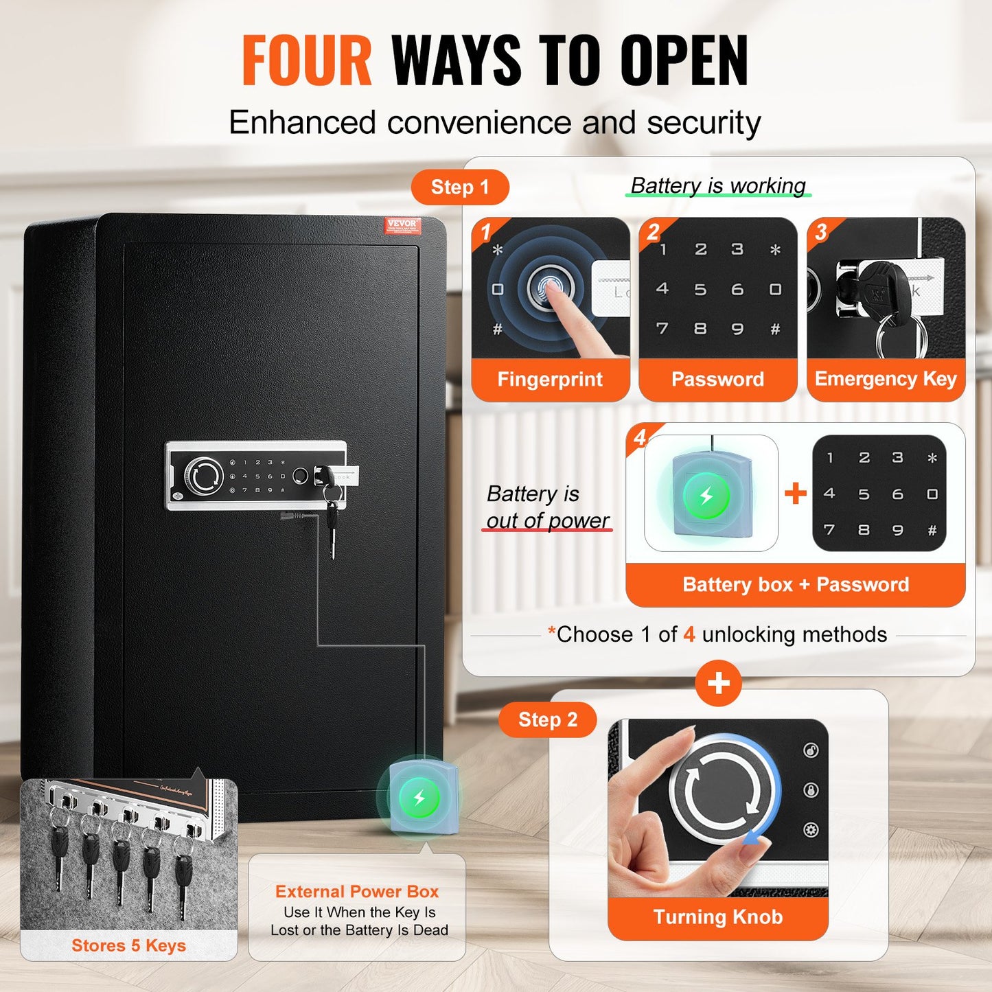 Single door 3.5 cu.ft safe with key lock password and fingerprint black