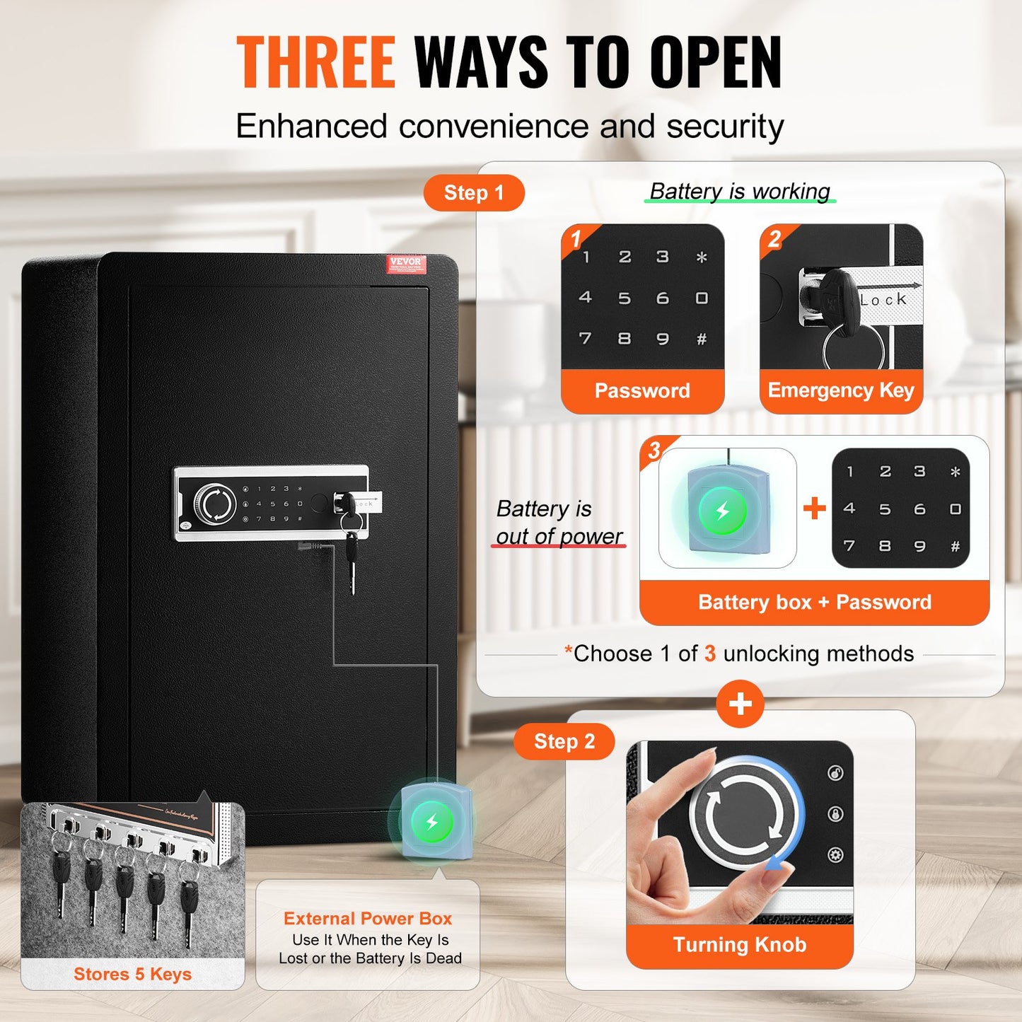 Single door 4.0 cu.ft safe with key lock and password LED light black