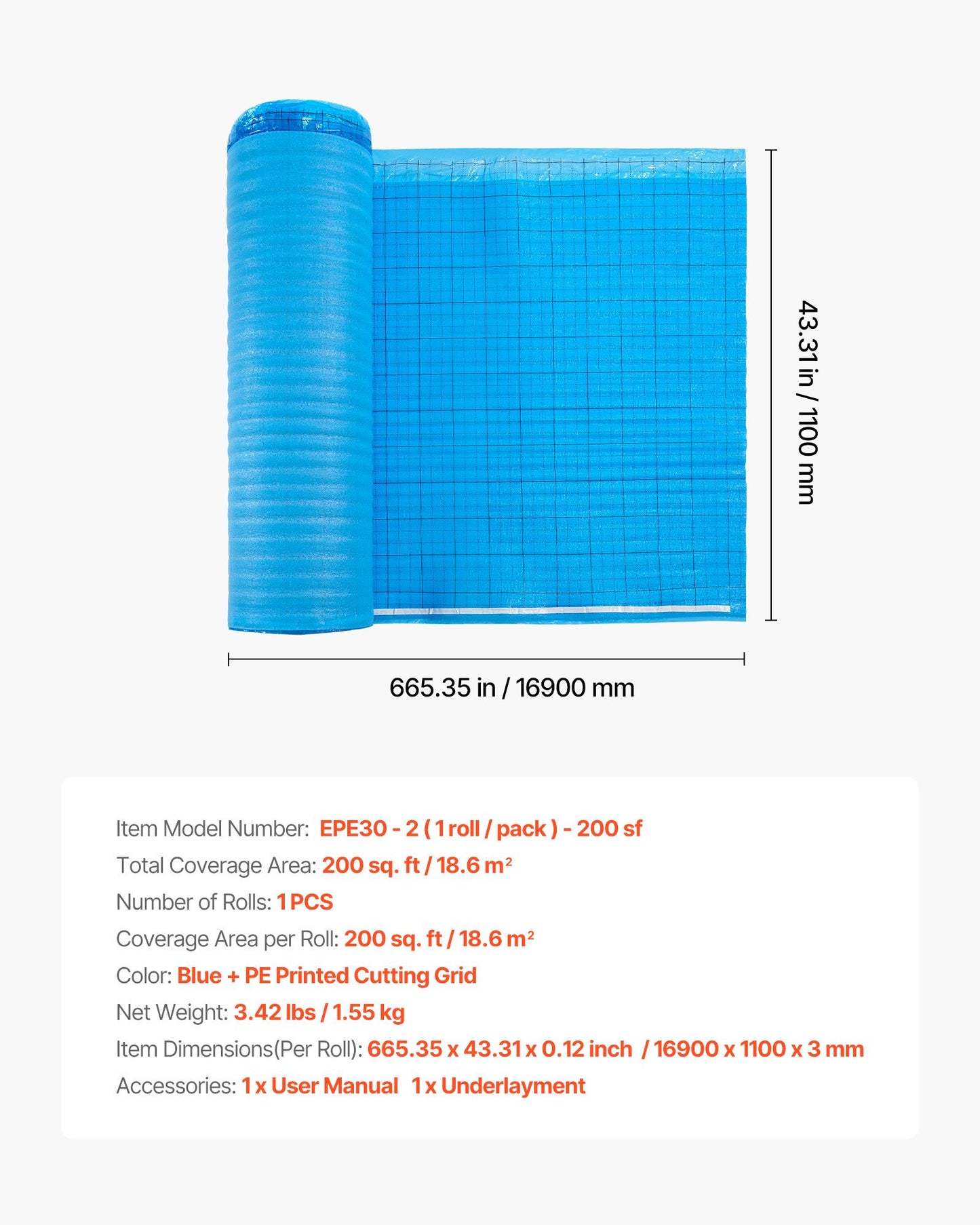 Floor Underlayment 200 sq. ft/Roll, 3-in-1 3 mm Thick Flooring Padding with Tape & Vapor Barrier, Heavy Duty EPE Foam with Blue PE, Soundproofing and Noise Reduction,for Laminate Wood Floors