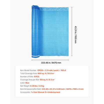 Floor Underlay 55.8 m² 2 mm 3-in-1 Vapour Barrier for Laminate Blue | EU