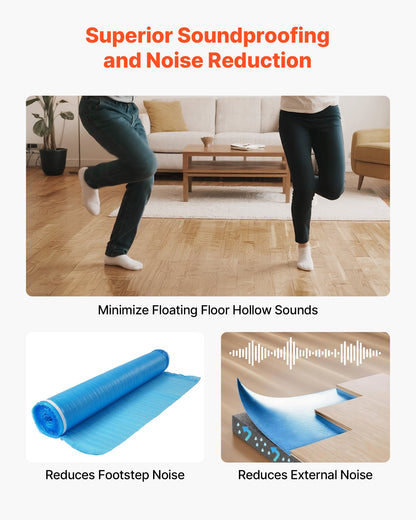 Floor Underlayment 600 sq. ft, 3-in-1 2 mm Thick Flooring Padding with Tape & Vapor Barrier, Heavy Duty EPE Foam Soundproofing & Noise Reduction, for Laminate Wood (6 Rolls x 100 sq. ft)