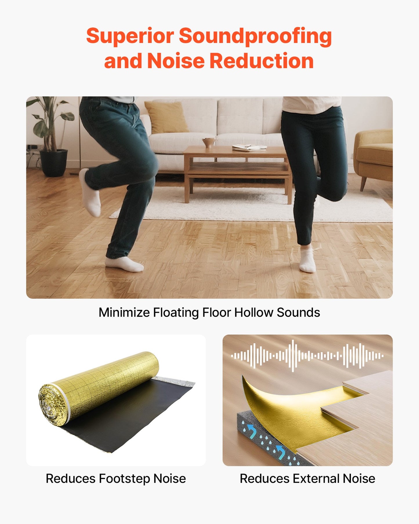 Floor Underlayment 200 sq. ft/Roll, 3-in-1 3 mm Thick Flooring Padding with Tape & Vapor Barrier, Heavy Duty EPE Foam with Gold PE, Soundproofing and Noise Reduction, for Laminate Wood Floors