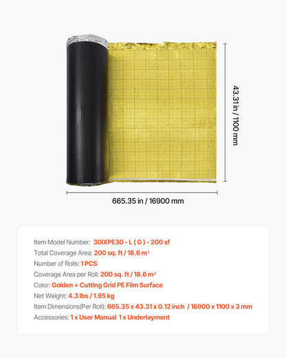 Floor Underlayment 200 sq. ft/Roll, 3-in-1 3 mm Thick Flooring Padding with Tape & Vapor Barrier, Heavy Duty EPE Foam with Gold PE, Soundproofing and Noise Reduction, for Laminate Wood Floors