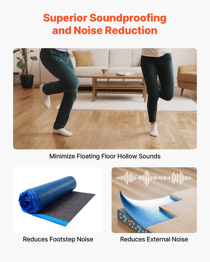 Floor Underlayment 200 sq. ft/Roll, 3 mm Thick Laminate Flooring Padding with Attached Vapor Barrier, Heavy Duty Fiber + PE Film, Soundproofing & Noise Reduction, Ideal for Vinyl Wood