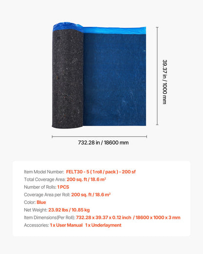 Floor Underlayment 200 sq. ft/Roll, 3 mm Thick Laminate Flooring Padding with Attached Vapor Barrier, Heavy Duty Fiber + PE Film, Soundproofing & Noise Reduction, Ideal for Vinyl Wood