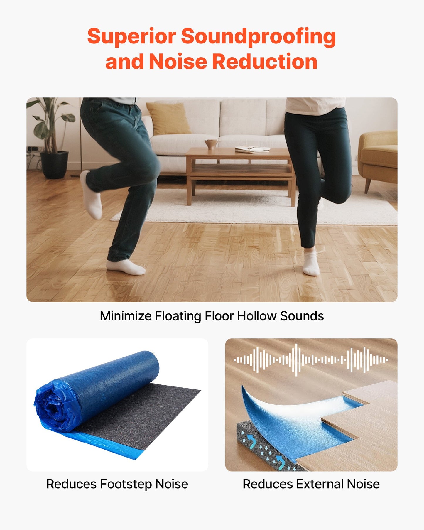 Floor Underlayment 400 sq. ft, 3mm Laminate Flooring Padding with Attached Vapor Barrier, Heavy Duty Fiber+PE Film, Soundproofing & Noise Reduction for Vinyl & Wood(2 Rolls x 200 sq. ft)