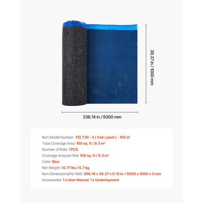 Golvunderlägg 9,3 m² 3 mm Återvunnen Fiber Ljud-/Ångspärr Blå |  EU