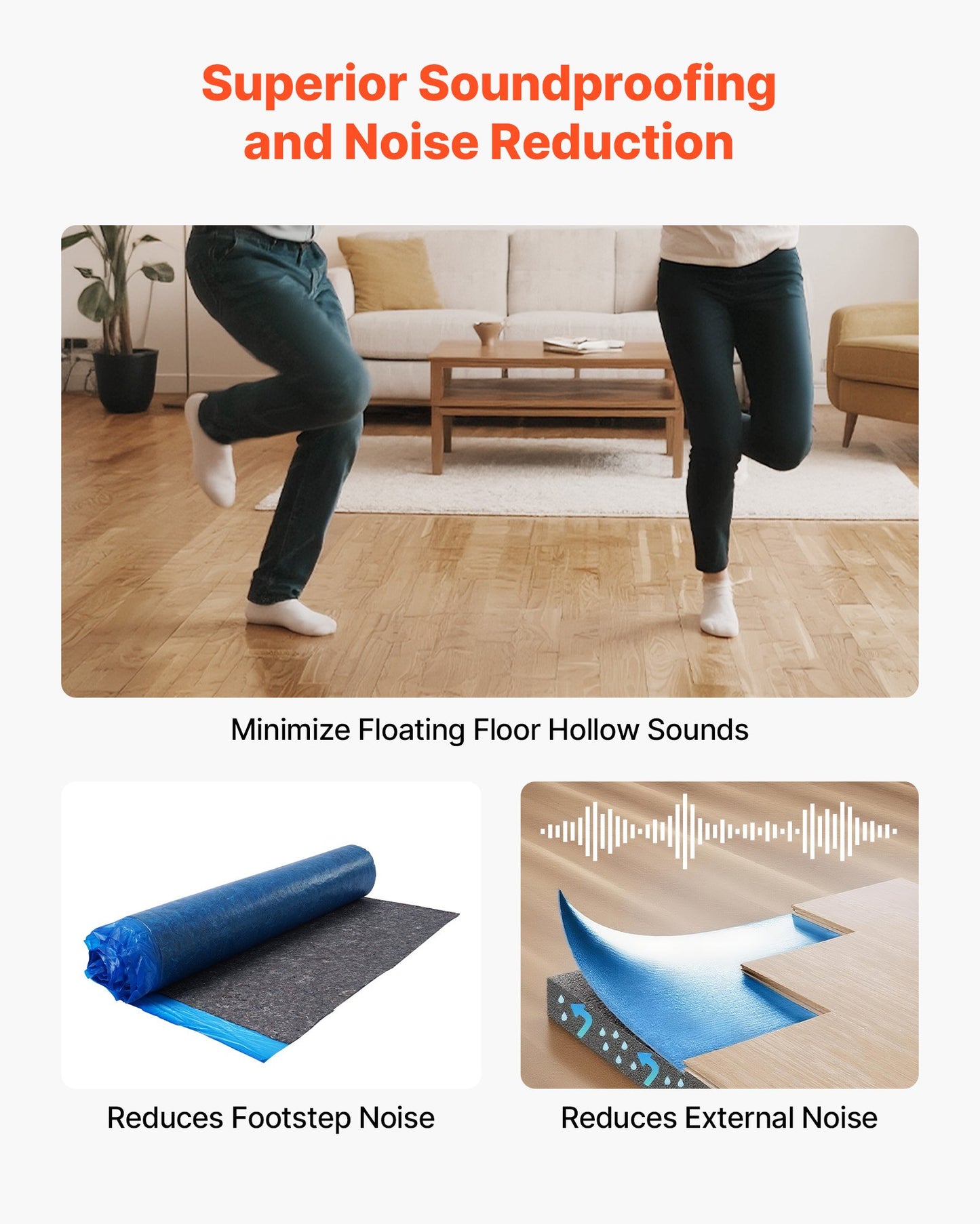 Floor Underlayment 100 sq. ft/Roll, 3 mm Thick Laminate Flooring Padding with Attached Vapor Barrier, Heavy Duty Fiber + PE Film, Soundproofing & Noise Reduction, Ideal for Vinyl Wood
