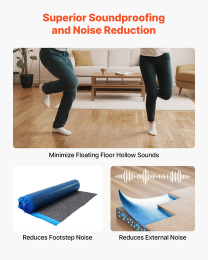 Floor Underlayment 100 sq. ft/Roll, 3 mm Thick Laminate Flooring Padding with Attached Vapor Barrier, Heavy Duty Fiber + PE Film, Soundproofing & Noise Reduction, Ideal for Vinyl Wood