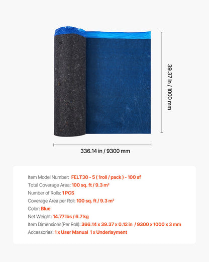 Floor Underlayment 100 sq. ft/Roll, 3 mm Thick Laminate Flooring Padding with Attached Vapor Barrier, Heavy Duty Fiber + PE Film, Soundproofing & Noise Reduction, Ideal for Vinyl Wood