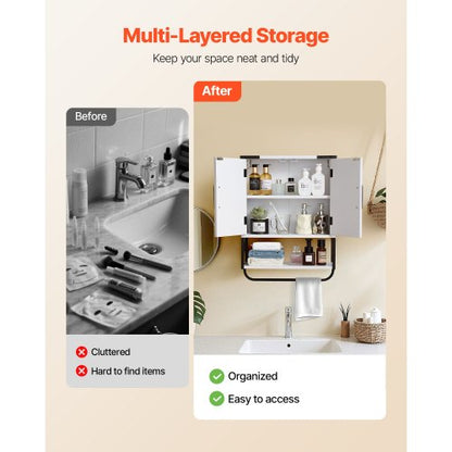 Badrumsväggskåp, med 2 dörrar och justerbar hylla, Förvaring över toaletten Medicinskåp Väggmonterat, Hängande Organiserare med Öppen Skiljevägg och Handduksstång för Tvättstuga Kök, Vit |  EU