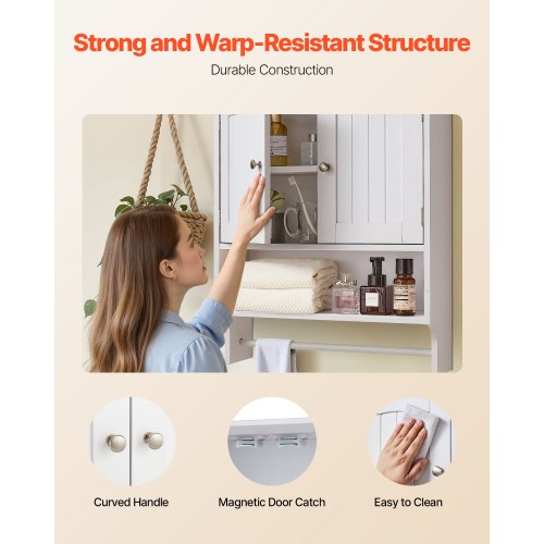 Badrumsskåp, 2 dörrar och justerbar hylla, Förvaring över toaletten Medicinskåp Väggmonterat, Hängande Organiserare med Öppen Skiljevägg och Handduksstång för Tvättstuga Kök, Vit |  EU