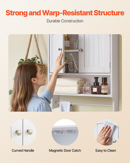 Bathroom Wall Cabinet, 2 Doors and Adjustable Shelf, Over the Toilet Storage Medicine Cabinet Wall Mounted, Hanging Organizer with Open Partition and Towel Bar for Laundry Room Kitchen, White