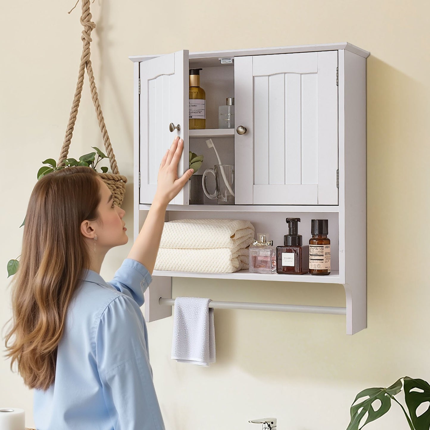 Bathroom Wall Cabinet, 2 Doors and Adjustable Shelf, Over the Toilet Storage Medicine Cabinet Wall Mounted, Hanging Organizer with Open Partition and Towel Bar for Laundry Room Kitchen, White