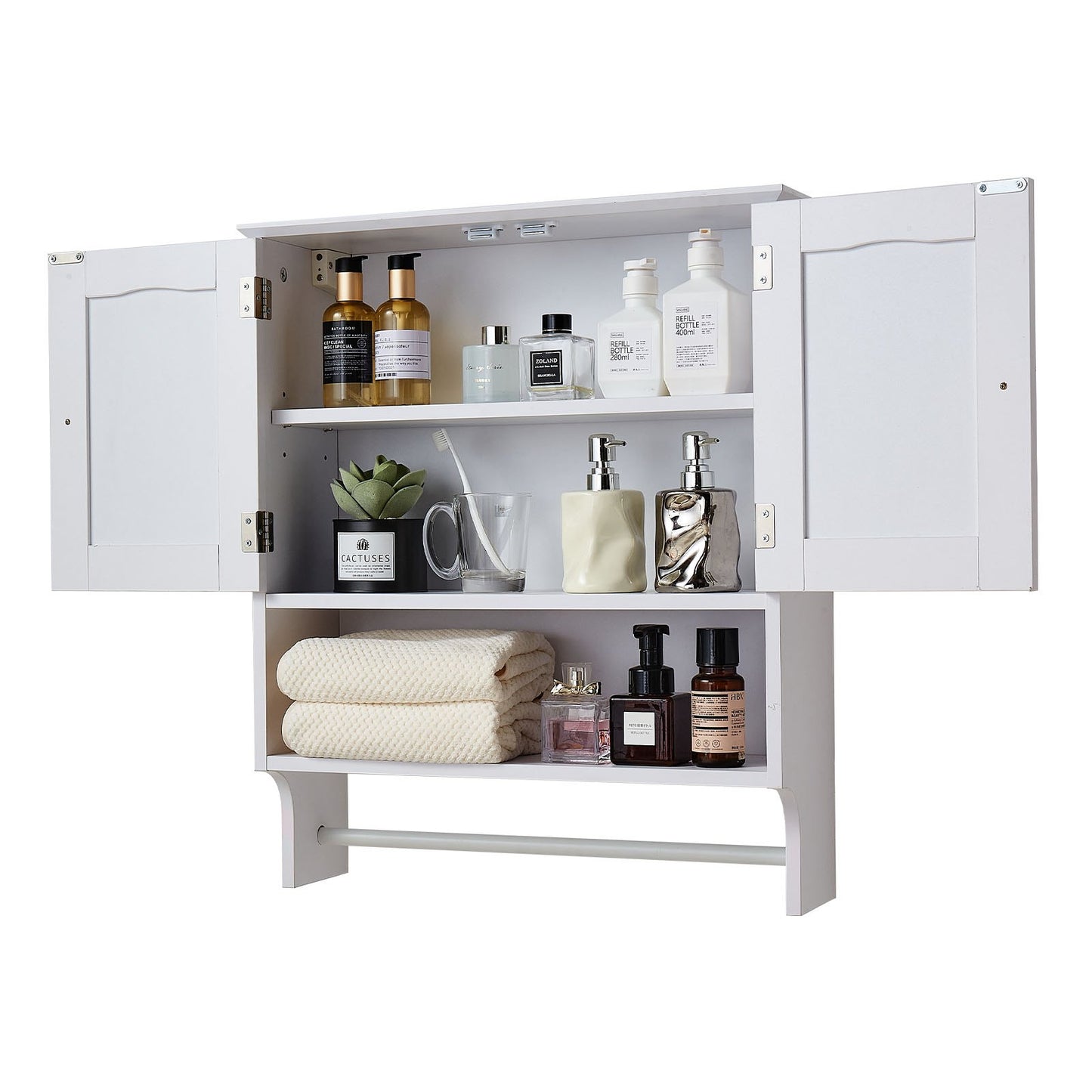 Bathroom Wall Cabinet, 2 Doors and Adjustable Shelf, Over the Toilet Storage Medicine Cabinet Wall Mounted, Hanging Organizer with Open Partition and Towel Bar for Laundry Room Kitchen, White