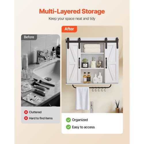 Badrumsskåp, 2 dörrar och justerbar hylla, Förvaring över toaletten Medicinskåp Väggmonterat, Hängande Organiserare med Öppen Skiljevägg/Handduksstång/Krokar för Tvättstuga Kök, Vit |  EU