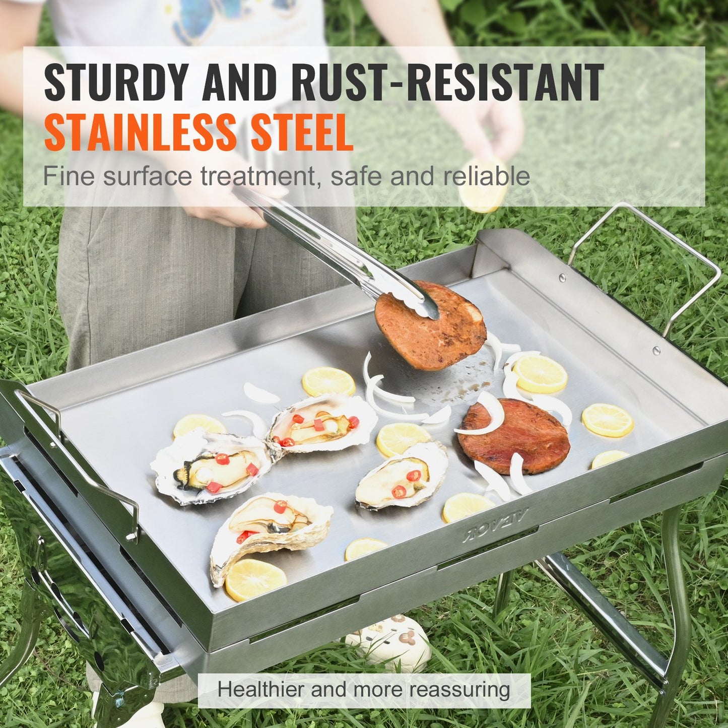 Stove Top Griddle, 23.5"x16" Pre-Seasoned Stainless Steel Griddle, Rectangular Double Burner Griddle Pan, Non-Stick Family Pan Cookware with Handles and Oil Groove, for BBQ, Gas Grills, Silver
