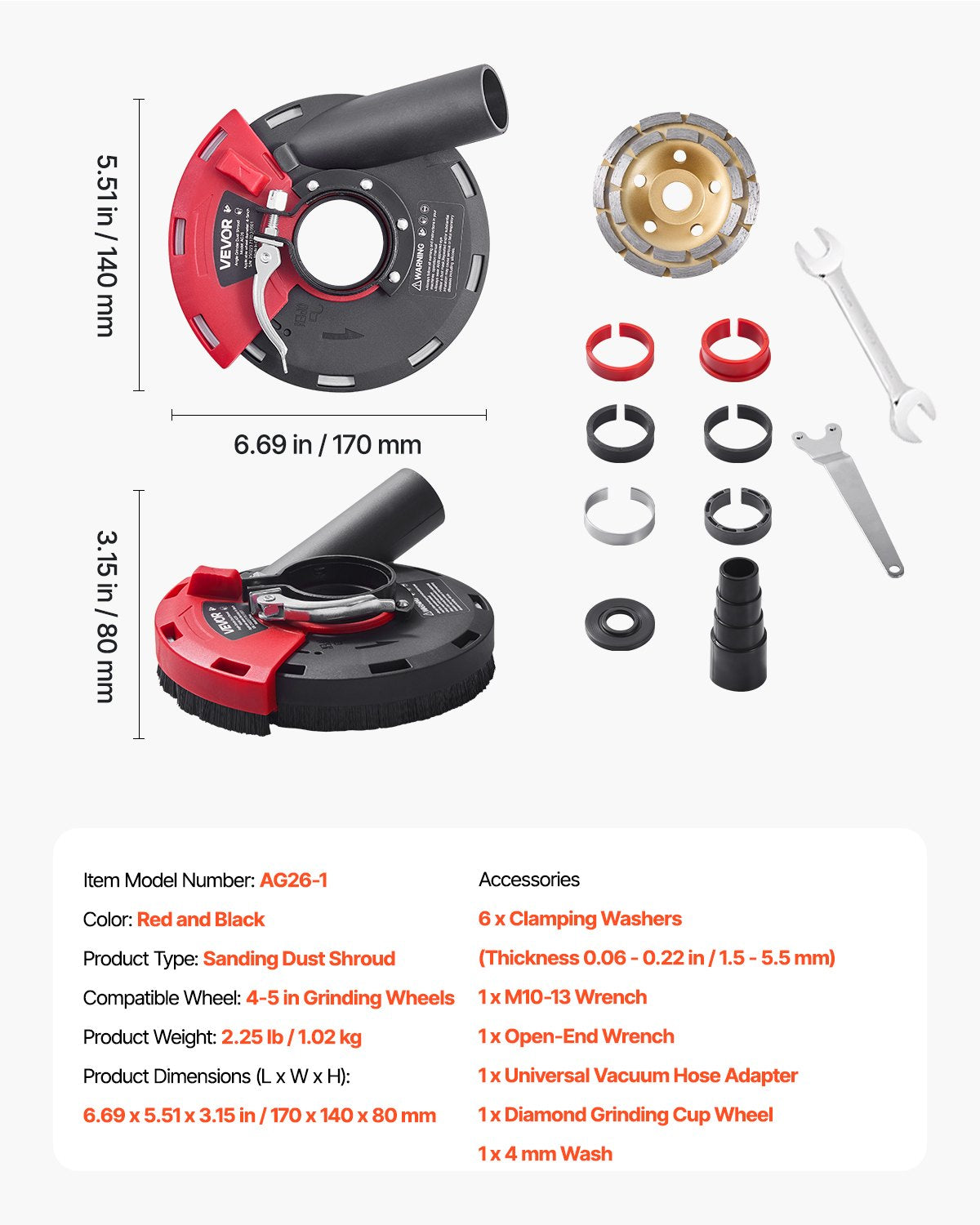 Grinding Dust Shroud for Angle Grinder, Universal 4-5 in, Surface Grinder Dust Shroud with 6 Clamping Washers & 5 in Diamond Grinding Cup Wheel, Connect to Vacuum Cleaner, for Wood Concrete Wall