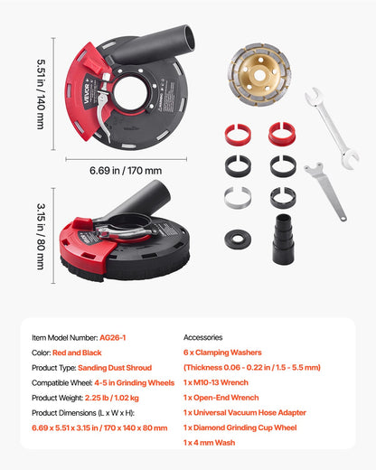 Grinding Dust Shroud for Angle Grinder, Universal 4-5 in, Surface Grinder Dust Shroud with 6 Clamping Washers & 5 in Diamond Grinding Cup Wheel, Connect to Vacuum Cleaner, for Wood Concrete Wall