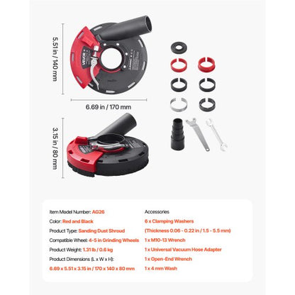 Angle Grinder Dust Cover 4-5 Inch with 6 Clamping Washers Connect to Vacuum Cleaner | EU