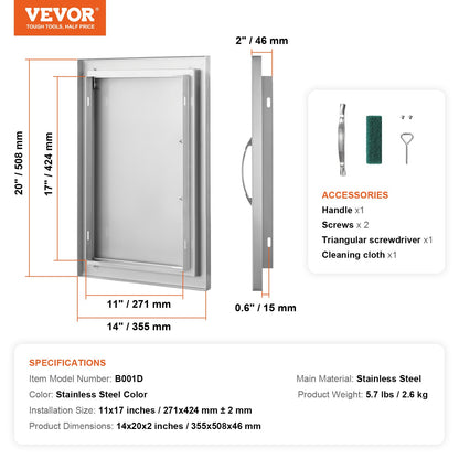 BBQ Access Door, 14W x 20H Inch Single Outdoor Kitchen Door, Stainless Steel Flush Mount Door, Wall Vertical Door with Handle, for BBQ Island, Grilling Station, Outside Cabinet