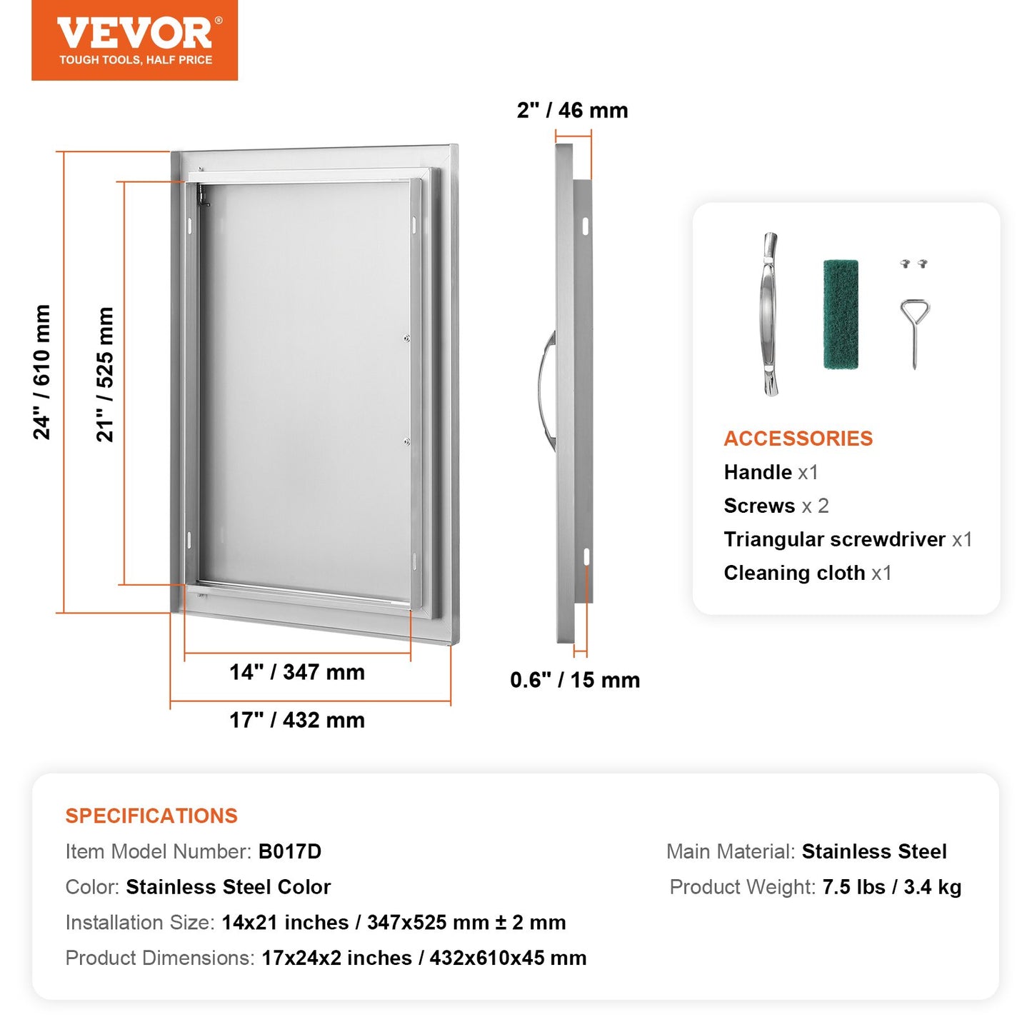 BBQ Access Door, 17W x 24H Inch Single Outdoor Kitchen Door, Stainless Steel Flush Mount Door, Wall Vertical Door with Handle, for BBQ Island, Grilling Station, Outside Cabinet