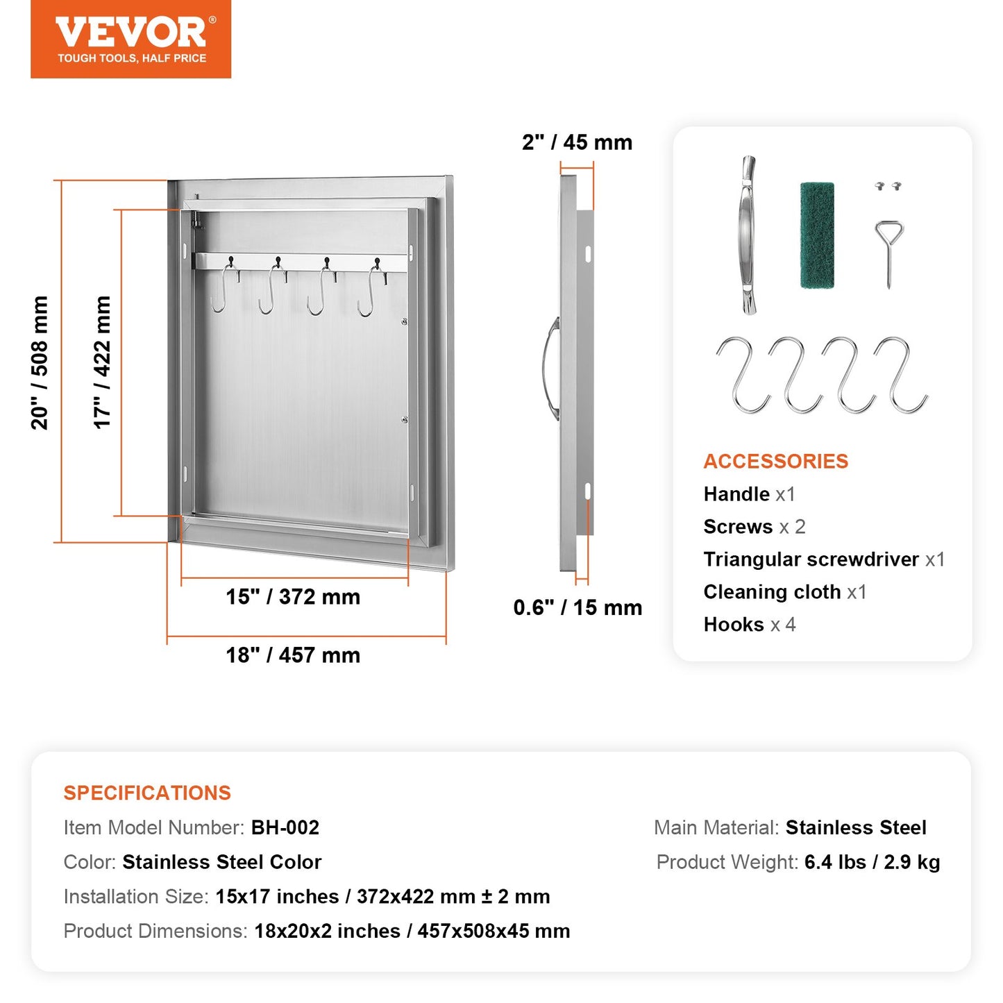 BBQ Access Door, 18W x 20H Inch Single Outdoor Kitchen Door, Stainless Steel Flush Mount Door, Wall Vertical Door with Handle and Hook, for BBQ Island, Grilling Station, Outside Cabinet