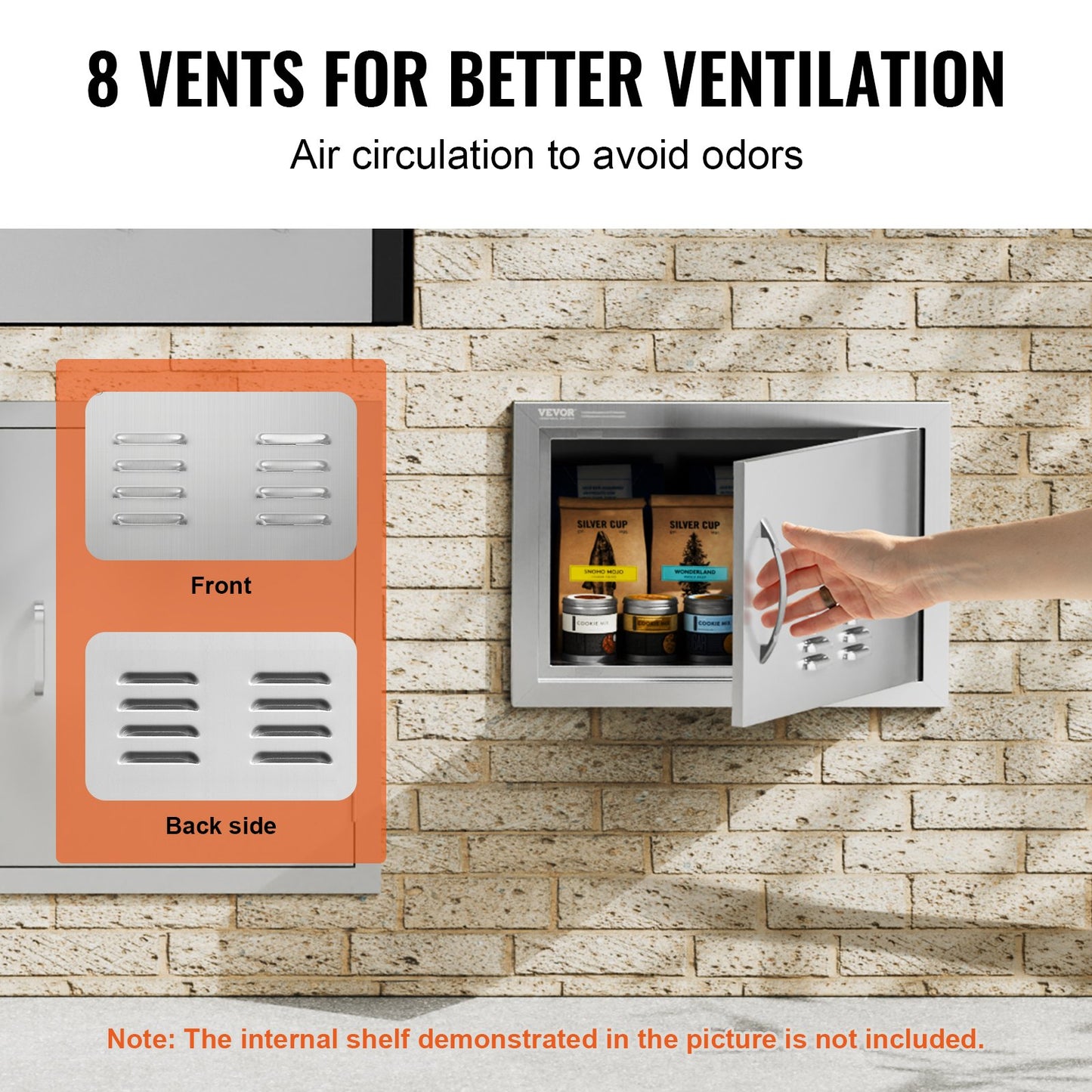 BBQ-åtkomstdörr, 508x356 mm enkel utomhusköksdörr, infälld dörr i rostfritt stål, vertikal väggdörr med handtag och ventiler, för BBQ Island, grillstation, ytterskåp