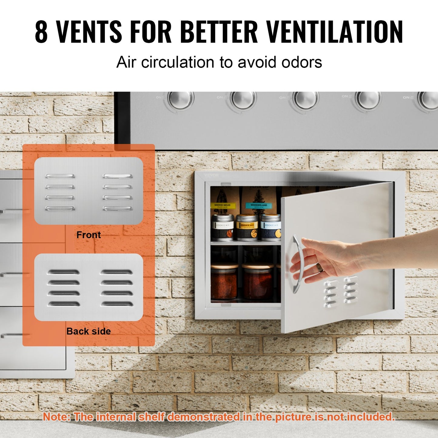 Grillzugangstür, 610x432 mm einzelne Außenküchentür, Edelstahl-Einbautür, vertikale Wandtür mit Griff und Lüftungsschlitzen, für Grillinsel, Grillstation, Außenschrank