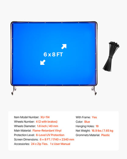 Welding Screen with Frame, 6 x 8 FT Welding Curtain Screen, Flame-Resistant Vinyl Safety Protection Screens with Lockable Swivel Wheels & 6-Level UV Protection for Workshop/Industrial Use, Blue