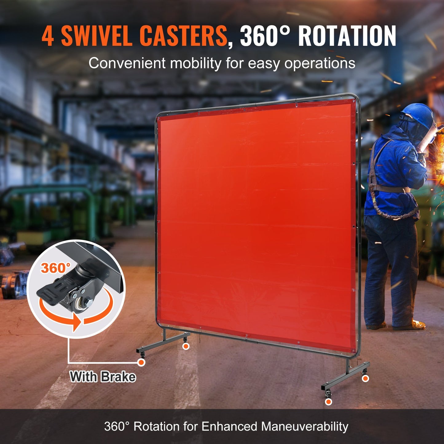 Welding Screen with Frame, 6' x 6' Welding Curtain Screen, Flame-Resistant Vinyl Welding Protection Screen on 4 Swivel Wheels (2 Lockable), Moveable & Professional for Workshop/Industrial, Red