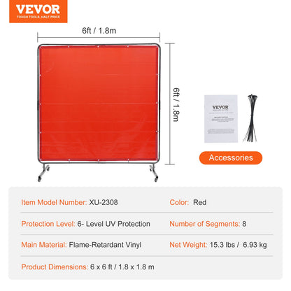 Welding Screen with Frame, 6' x 6' Welding Curtain Screen, Flame-Resistant Vinyl Welding Protection Screen on 4 Swivel Wheels (2 Lockable), Moveable & Professional for Workshop/Industrial, Red