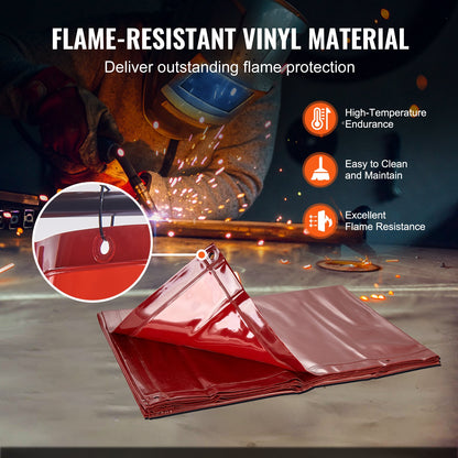 Welding Screen with Frame, 6' x 8' Welding Curtain Screen, Flame-Resistant Vinyl Welding Protection Screen on 4 Swivel Wheels (2 Lockable), Moveable & Professional for Workshop/Industrial, Red