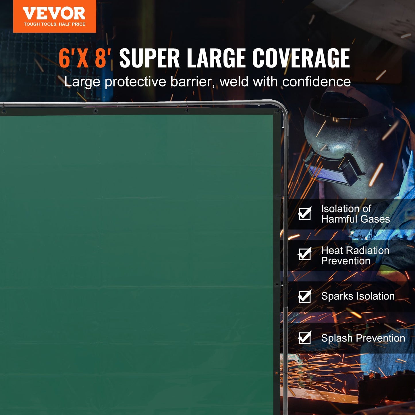 Svetsskärm med ram, 6' x 8' svetsgardinskärm, flamsäker vinylsvetsskyddsskärm på 4 svängbara hjul (2 låsbara), rörlig & professionell för verkstad/industri, grön