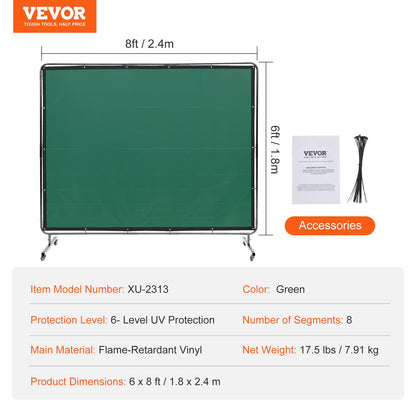 Welding Screen with Frame, 6' x 8' Welding Curtain Screen, Flame-Resistant Vinyl Welding Protection Screen on 4 Swivel Wheels (2 Lockable), Moveable & Professional for Workshop/Industrial, Green