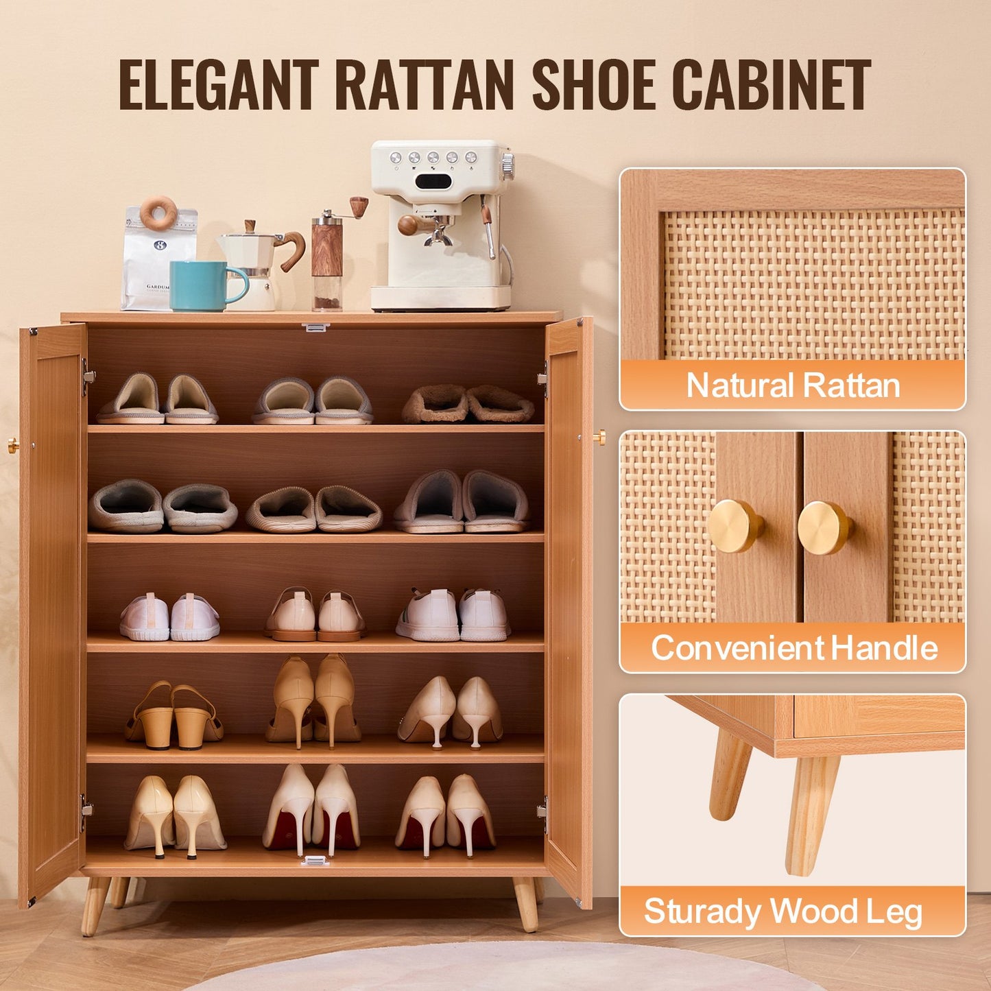 Rattan-Schuhschrank, 5 Ebenen, Schuh-Organizer, 2 Türen und verstellbare Regale