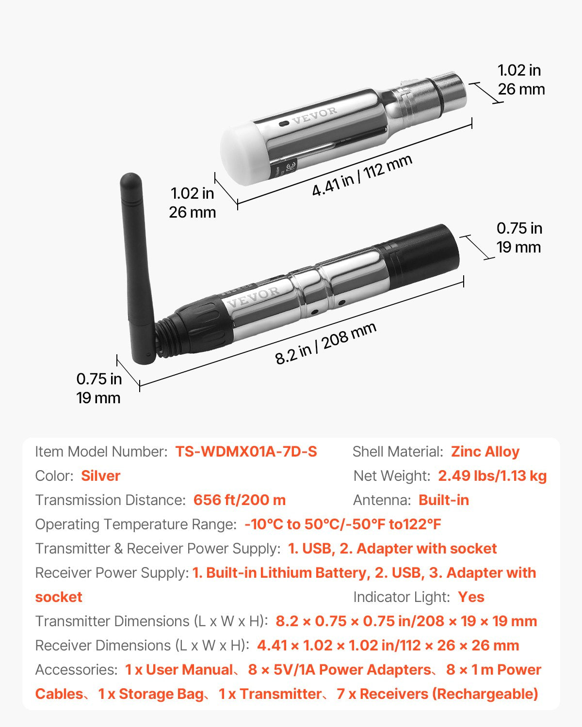 DMX Wireless Receiver, 7 Receivers & 1 Transmitter, 2.4G ISM Band, 656 ft Transmission Range, Rechargeable Battery, Wireless Stage Lighting Control, for LED Stage Party DJ Bar Lighting, Silver