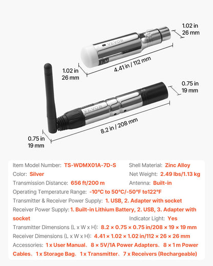 DMX Wireless Receiver, 7 Receivers & 1 Transmitter, 2.4G ISM Band, 656 ft Transmission Range, Rechargeable Battery, Wireless Stage Lighting Control, for LED Stage Party DJ Bar Lighting, Silver
