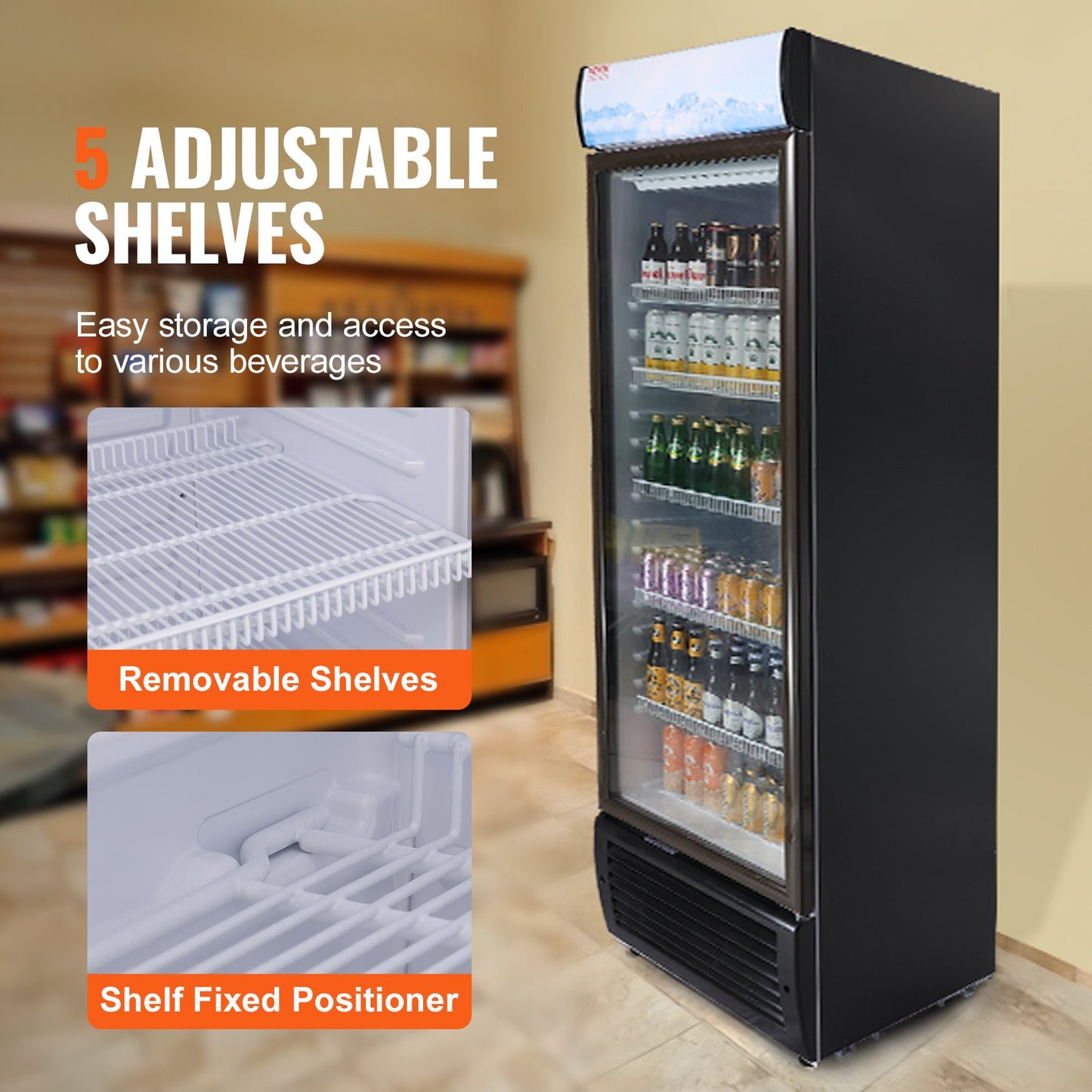 Commercial Merchandiser Refrigerator, 14.8 Cu.Ft / 420L Beverage Refrigerator Cooler Merchandiser, Glass Door Display Refrigerator Upright Fridge with 5 Adjustable Shelves, Customizable Lightbox