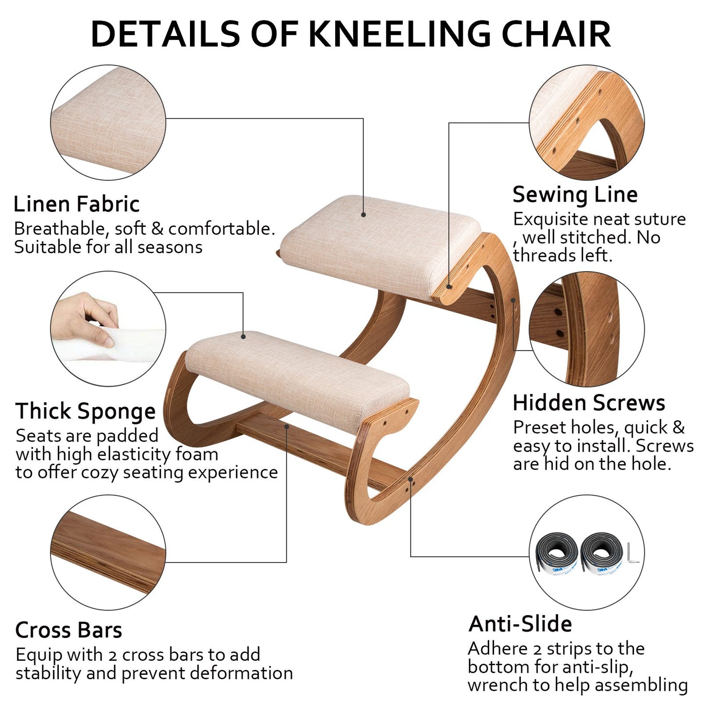 Ergonomic Kneeling Chair 220LB Load Capacity Kneeling Desk Chair Stool with Hip Cushion Kneeling Ergonomic Stool for Home Office Good Posture Computer Stool White Oak