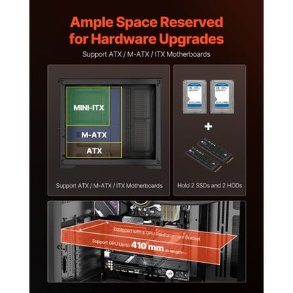 Mid-Tower-ATX-PC-Gehäuse mit zwei Kammern, Gaming-Computergehäuse, kein Lüfter enthalten | EU