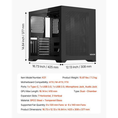 Mid-Tower-ATX-PC-Gehäuse mit zwei Kammern, Gaming-Computergehäuse, kein Lüfter enthalten | EU