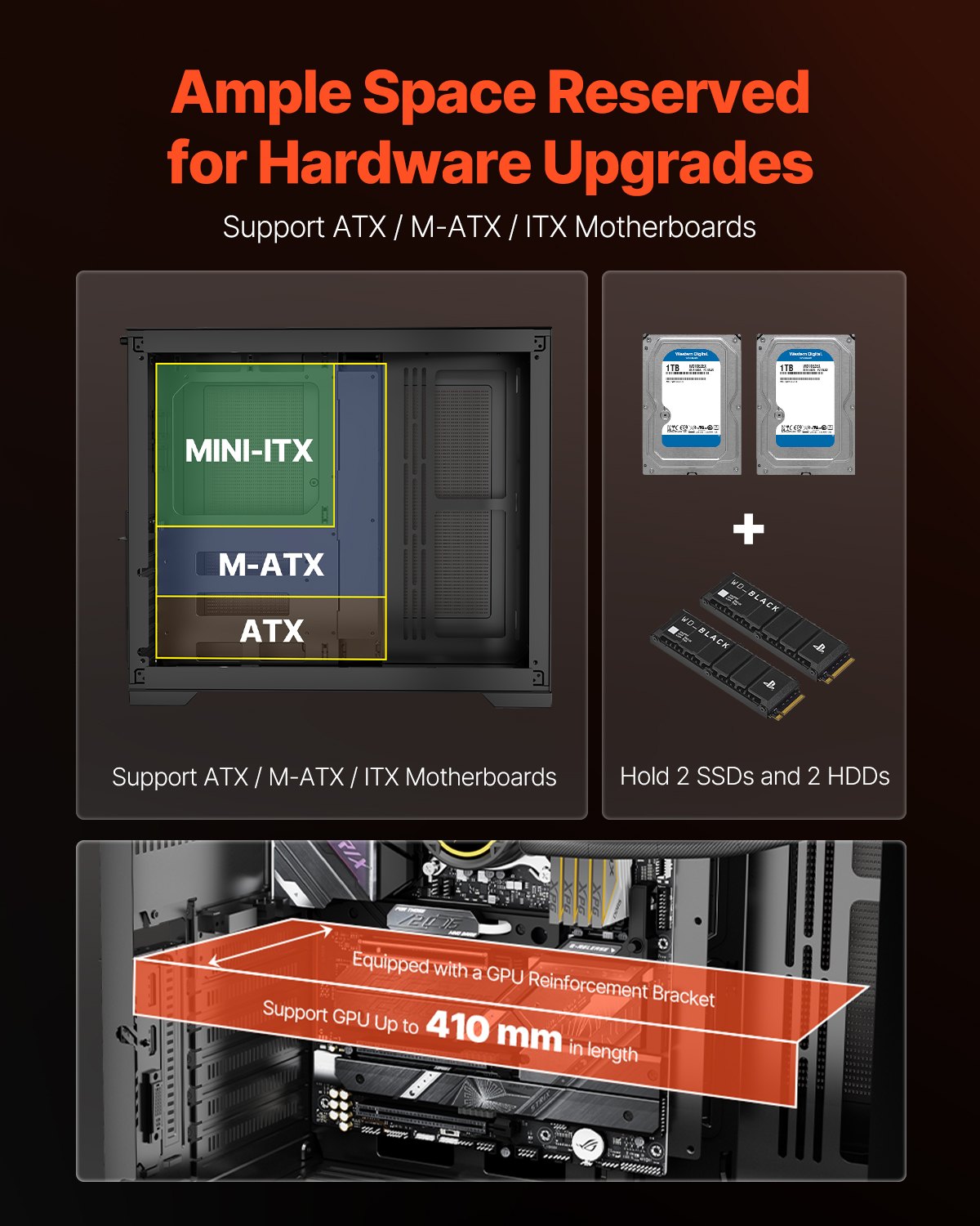Mid-Tower PC Case, Dual Chamber, Gaming Computer Case with Tempered Glass Panels, Magnetic Dust Filter, Cable Management, for GPU up to 410 mm in Length, Compatible with ATX/M-ATX/ITX, No Fan