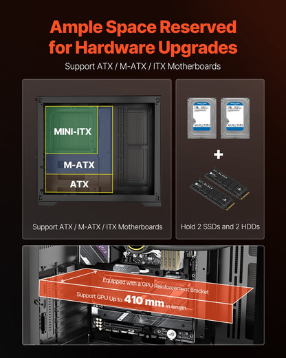 Mid-Tower PC Case, Dual Chamber, Gaming Computer Case with Tempered Glass Panels, Magnetic Dust Filter, Cable Management, for GPU up to 410 mm in Length, Compatible with ATX/M-ATX/ITX, No Fan