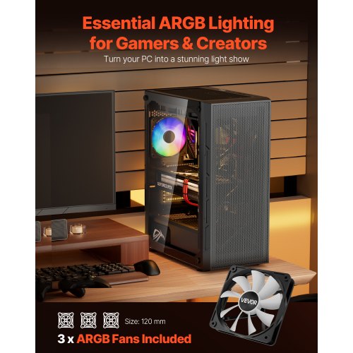 Mid-Tower ATX PC-Gaming-Gehäuse Computergehäuse mit 3 x 120 mm ARGB-Lüftern | EU