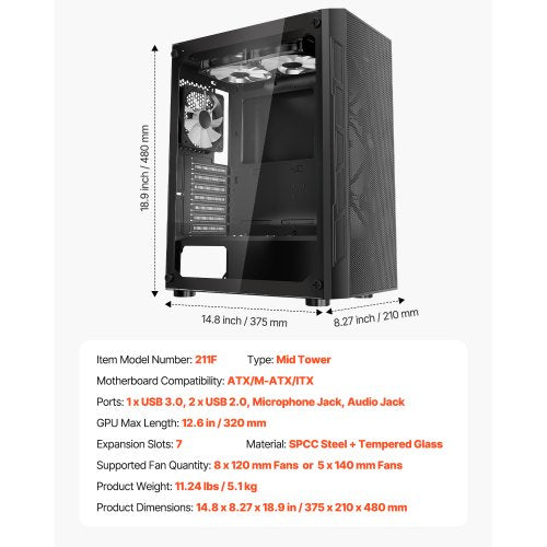 Mid-Tower ATX PC-Gaming-Gehäuse Computergehäuse mit 3 x 120 mm ARGB-Lüftern | EU