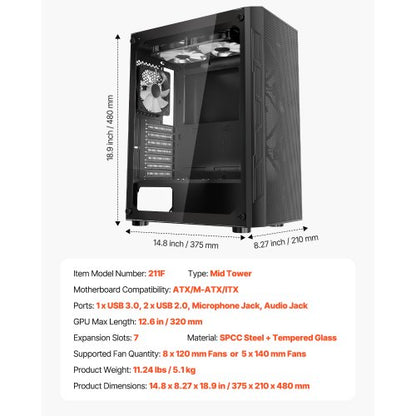 Mid-Tower ATX PC-Gaming-Gehäuse Computergehäuse mit 3 x 120 mm ARGB-Lüftern | EU