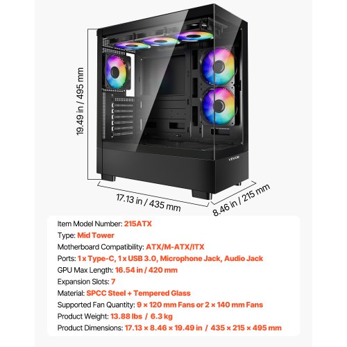Mid-Tower ATX PC-Gaming-Gehäuse Computergehäuse mit 6 x 120 mm PWM ARGB Lüftern | EU