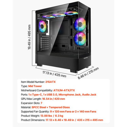 Mid-Tower ATX PC-Gaming-Gehäuse Computergehäuse mit 6 x 120 mm PWM ARGB Lüftern | EU