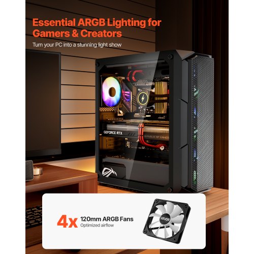 Mid-Tower ATX PC-Gaming-Gehäuse Computergehäuse mit 4 x 120 mm ARGB-Lüftern | EU